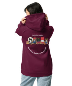 eco raglan hoodie with frenchie chaos crew design female model back design
