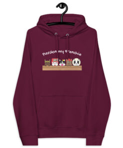 Pardon My Frenchie eco raglan hoodie with cartoon french bulldog characters burgundy color front design