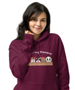 eco raglan hoodie with frenchie chaos crew design female model front design