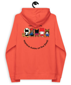 Pardon My Frenchie eco raglan hoodie with cartoon french bulldog characters orange color back design