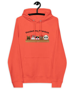 Pardon My Frenchie eco raglan hoodie with cartoon french bulldog characters orange color front design