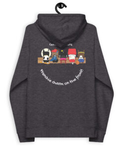 Pardon My Frenchie eco raglan hoodie with cartoon french bulldog characters charcoal color back design