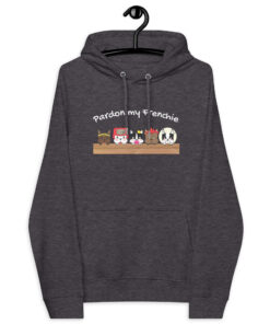 Pardon My Frenchie eco raglan hoodie with cartoon french bulldog characters charcoal color front design