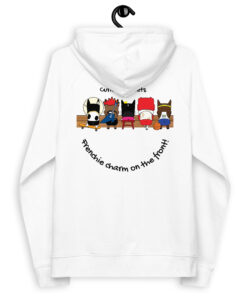 Pardon My Frenchie eco raglan hoodie with cartoon french bulldog characters white color back design
