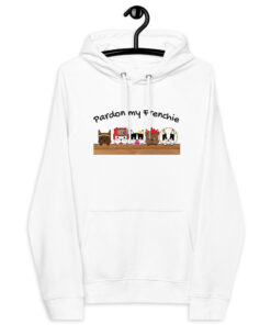 Pardon My Frenchie eco raglan hoodie with cartoon french bulldog characters white color front design