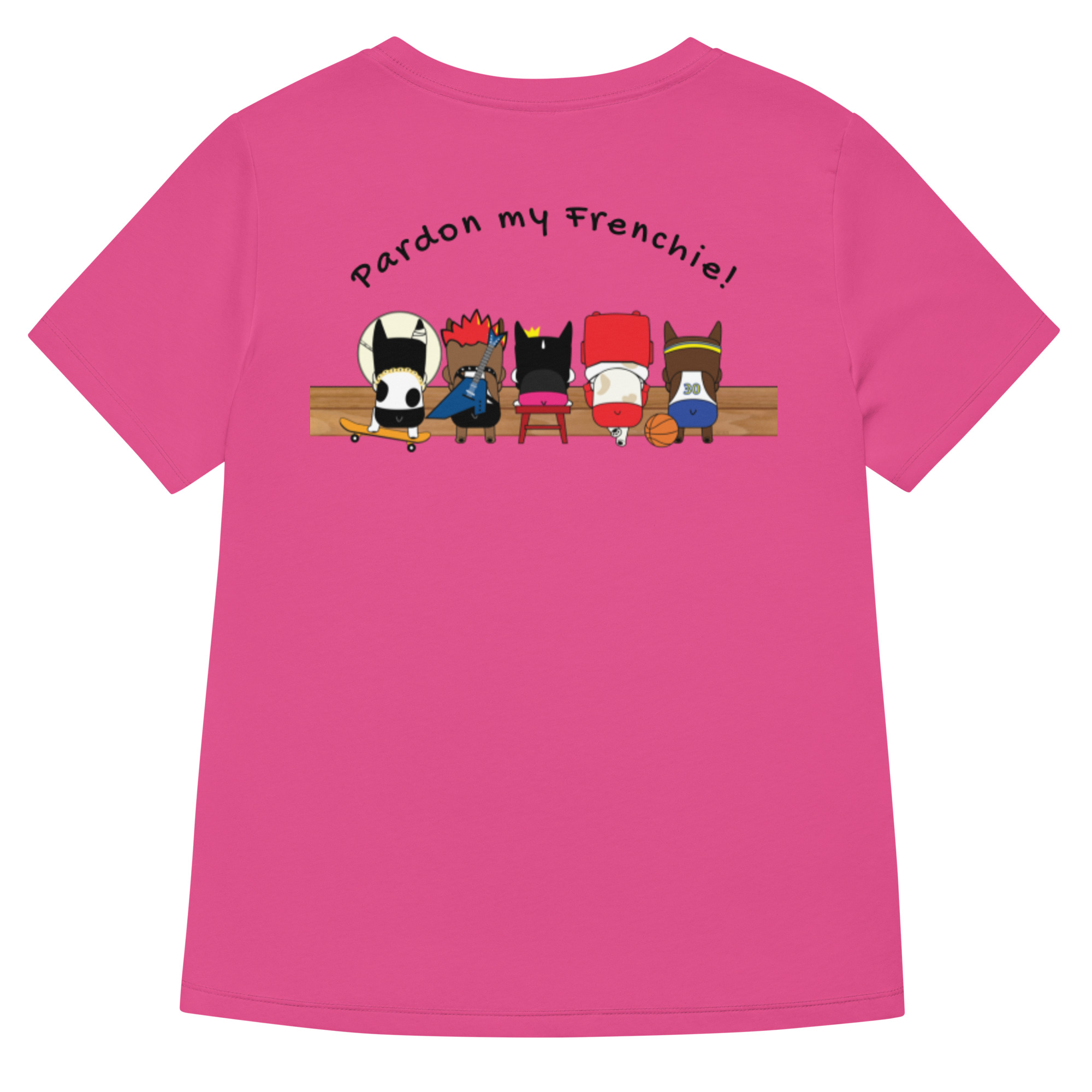 Bounce Chub Embroidered Graphic Tee womens v neck t shirt with Bounce Chub embroidery front and pardon my frenchie back print berry backside