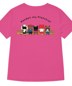 womens v neck t shirt with Monster Spike embroidery front and pardon my frenchie back print berry backside