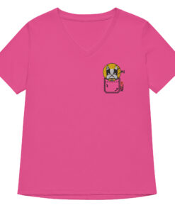 womens v neck t shirt with Monster Spike embroidery front and pardon my frenchie back print berry frontside