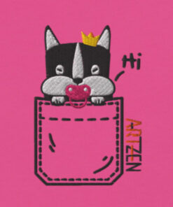 womens v neck t shirt with princess bean embroidery front and pardon my frenchie back print berry frontside closeup