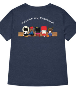 womens v neck t shirt with Snax Don embroidery front and pardon my frenchie back print heather navy backside