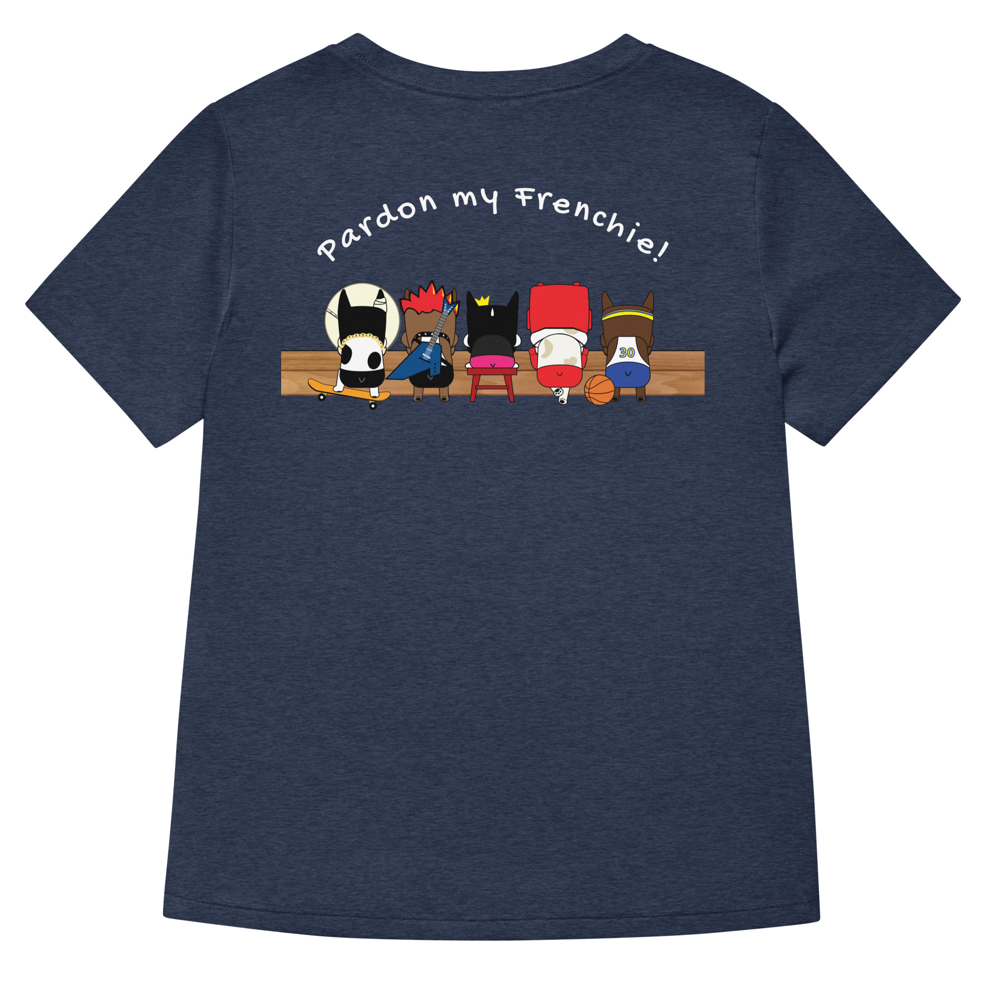 Princess Bean Embroidered Graphic Tee womens v neck t shirt with princess bean embroidery front and pardon my frenchie back print heather navy backside