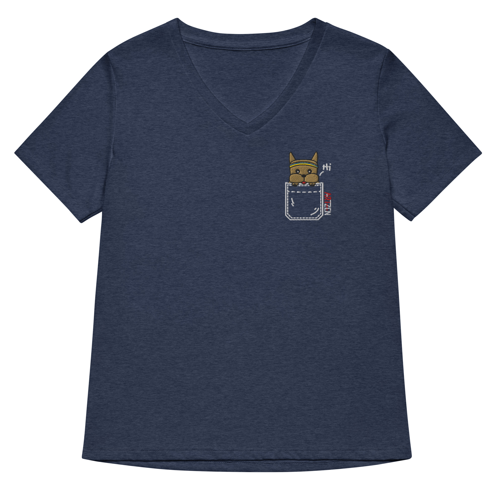 Bounce Chub Embroidered Graphic Tee womens v neck t shirt with Bounce Chub embroidery front and pardon my frenchie back print heather navy frontside