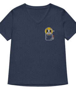 womens v neck t shirt with Monster Spike embroidery front and pardon my frenchie back print heather navy frontside