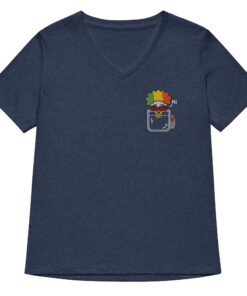 womens v neck t shirt with Snax Don embroidery front and pardon my frenchie back print heather navy frontside