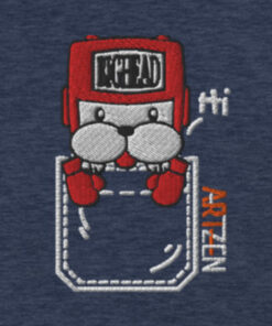 womens v neck t shirt with prince chalk embroidery front and pardon my frenchie back print heather navy frontside closeup