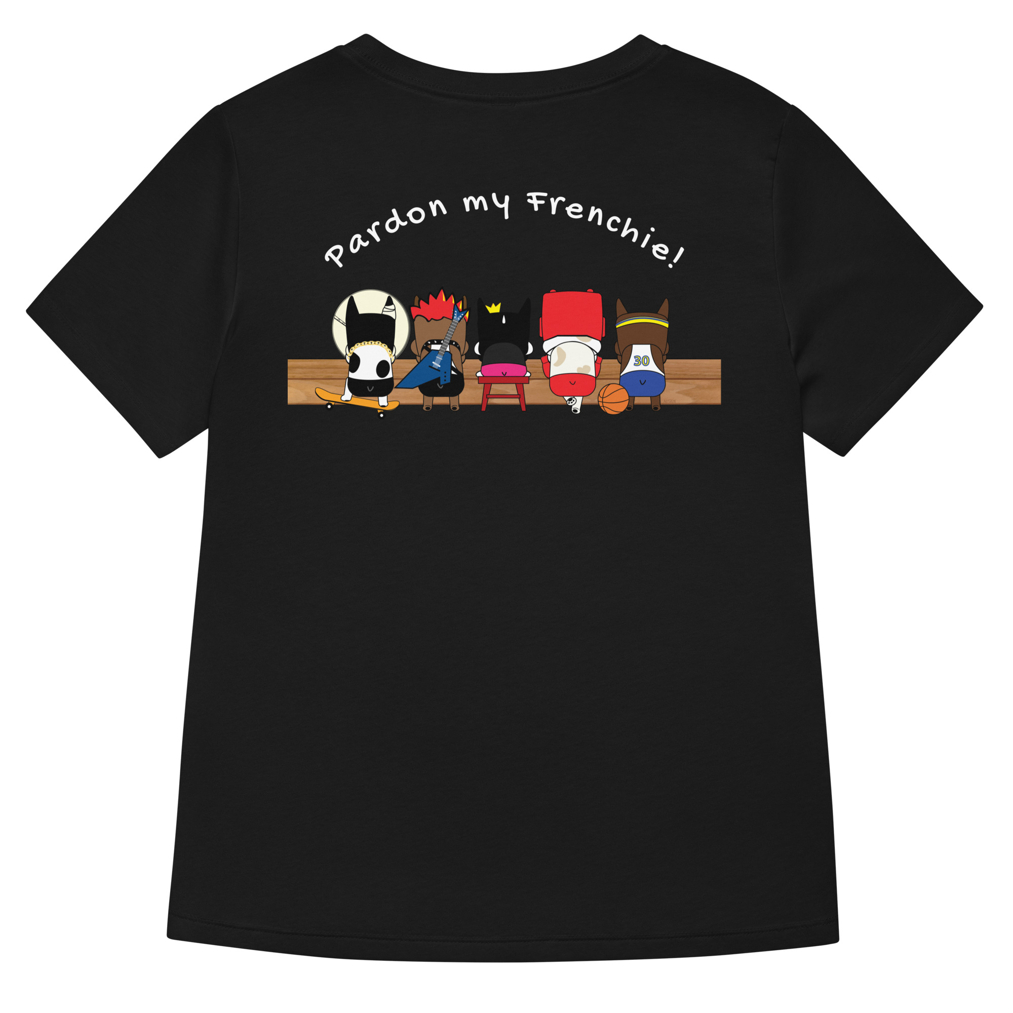 Bounce Chub Embroidered Graphic Tee womens v neck t shirt with Bounce Chub embroidery front and pardon my frenchie back print black backside