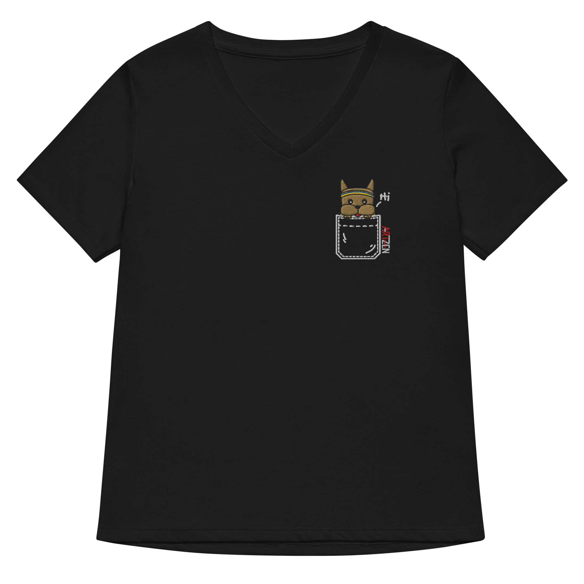 Bounce Chub Embroidered Graphic Tee womens v neck t shirt with Bounce Chub embroidery front and pardon my frenchie back print black frontside