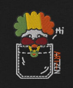 womens v neck t shirt with Snax Don embroidery front and pardon my frenchie back print black frontside closeup