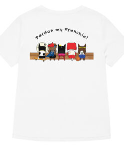 womens v neck t shirt with prince chalk embroidery front and pardon my frenchie back print white backside