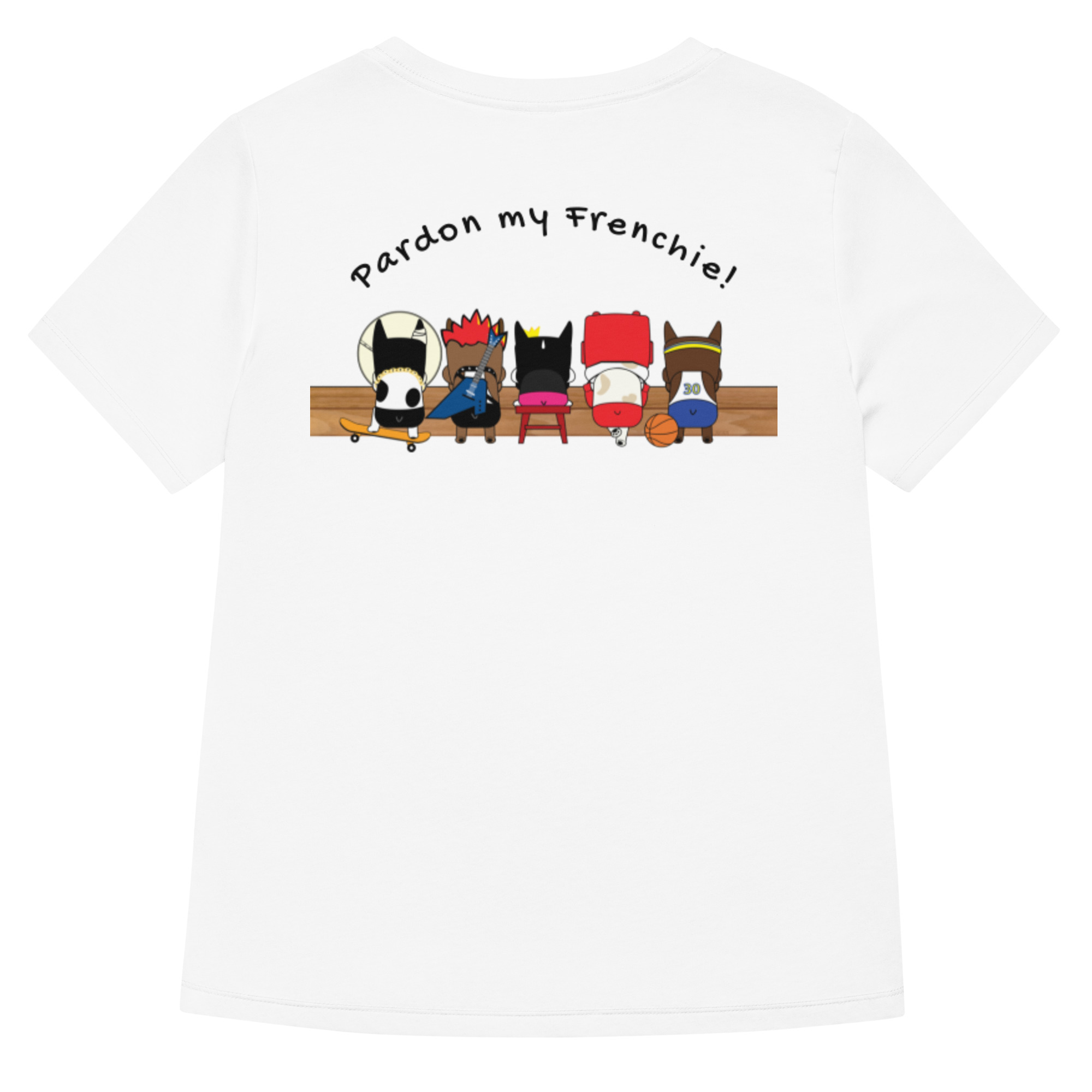 Bounce Chub Embroidered Graphic Tee womens v neck t shirt with Bounce Chub embroidery front and pardon my frenchie back print white backside