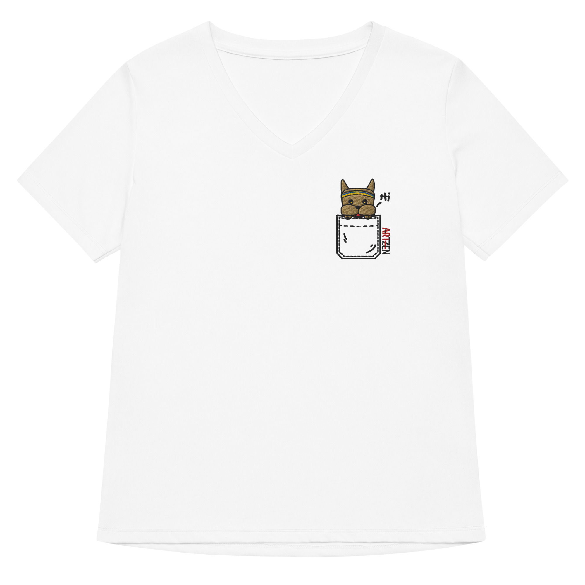 Bounce Chub Embroidered Graphic Tee womens v neck t shirt with Bounce Chub embroidery front and pardon my frenchie back print white frontside