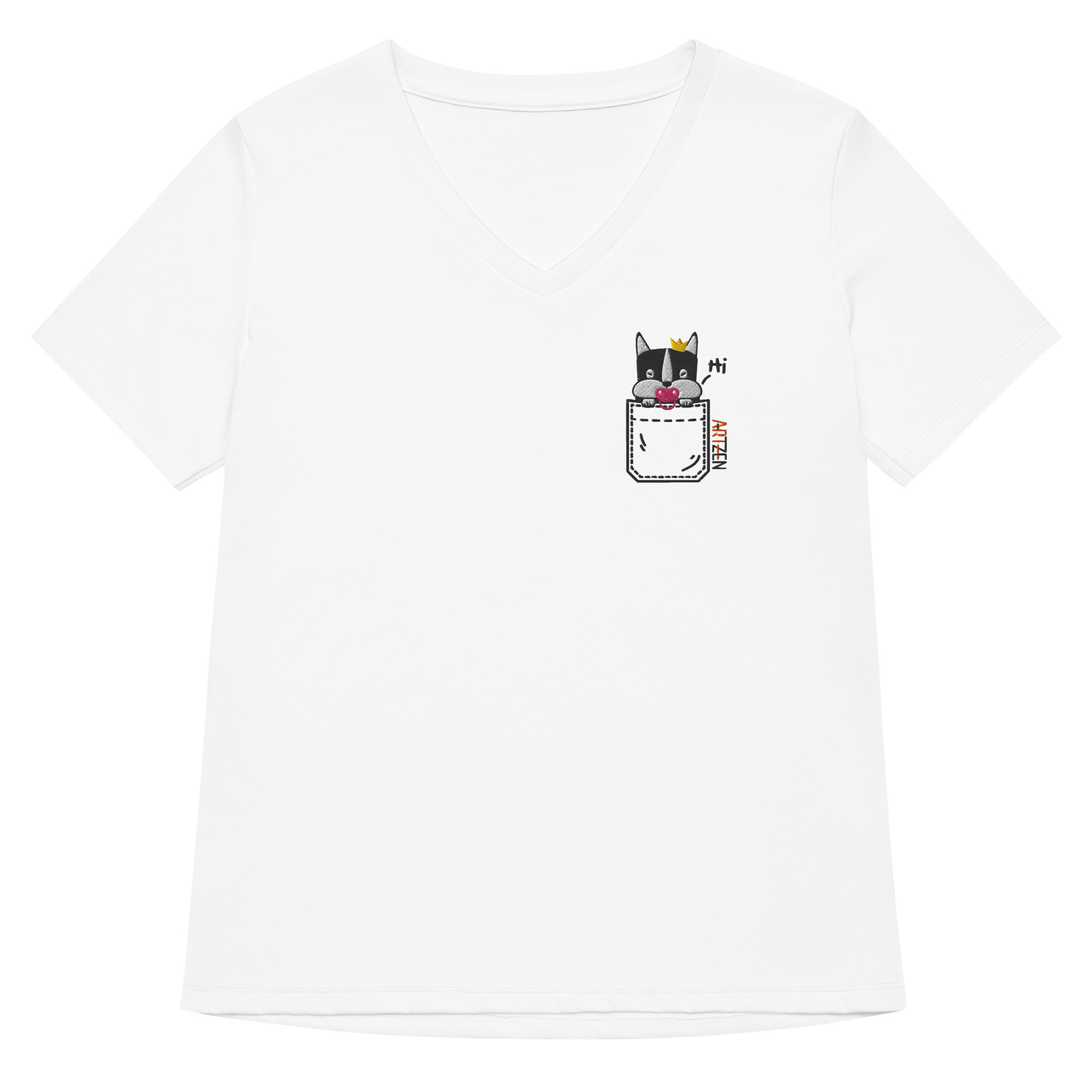 Princess Bean Embroidered Graphic Tee womens v neck t shirt with princess bean embroidery front and pardon my frenchie back print white frontside