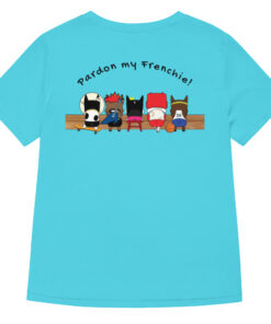 Bounce Chub Embroidered Graphic Tee womens v neck t shirt with Bounce Chub embroidery front and pardon my frenchie back print turquoise backside
