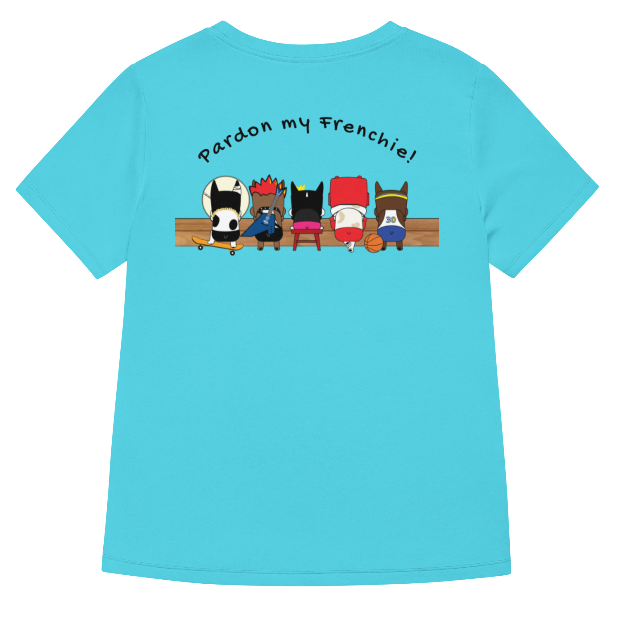 Bounce Chub Embroidered Graphic Tee womens v neck t shirt with Bounce Chub embroidery front and pardon my frenchie back print turquoise backside