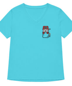 womens v neck t shirt with prince chalk embroidery front and pardon my frenchie back print turquoise frontside