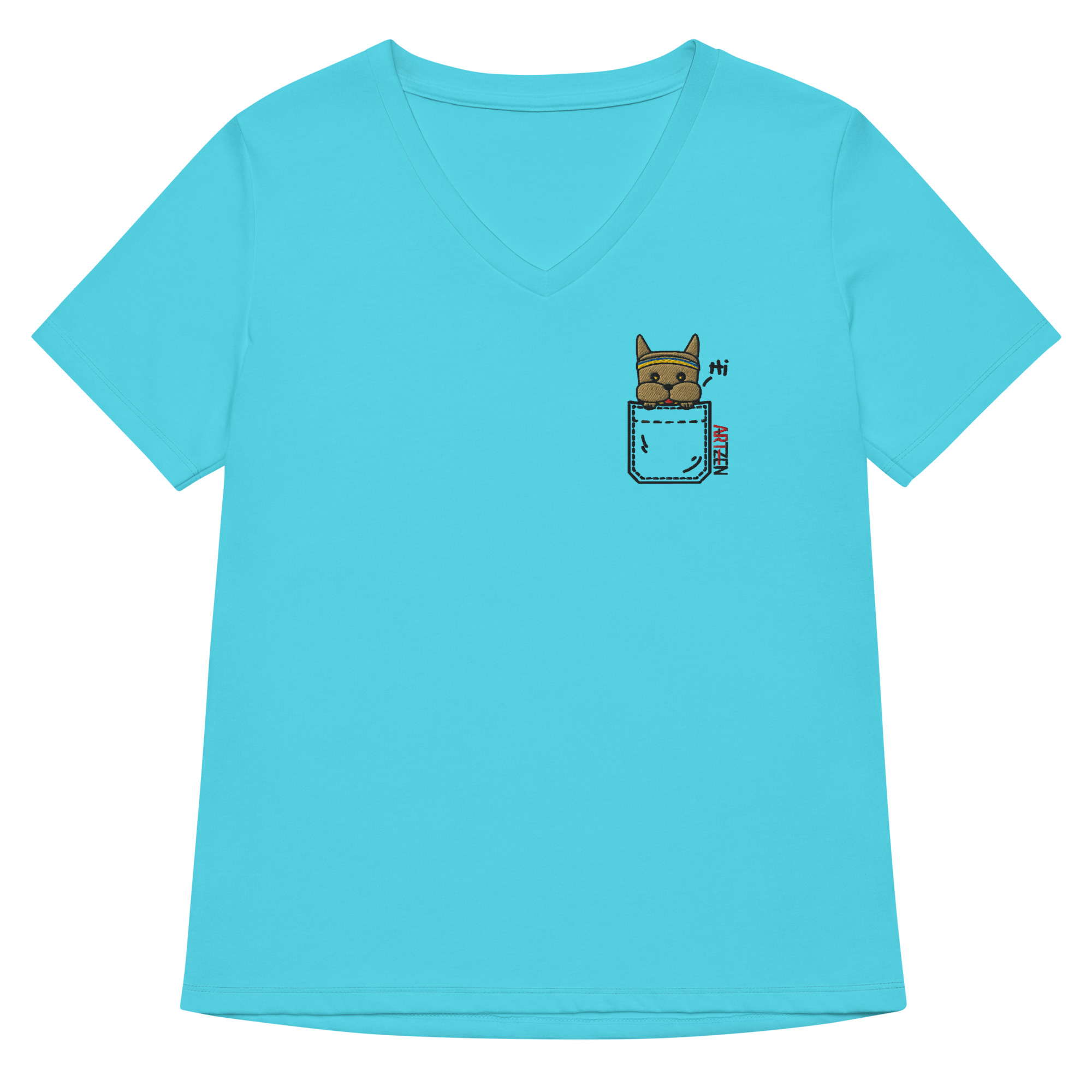 Bounce Chub Embroidered Graphic Tee womens v neck t shirt with Bounce Chub embroidery front and pardon my frenchie back print turquoise frontside