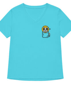 womens v neck t shirt with Monster Spike embroidery front and pardon my frenchie back print turquoise frontside
