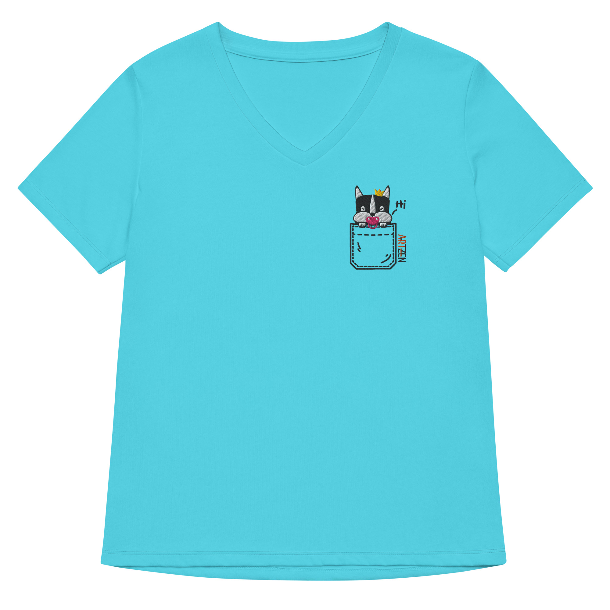 Princess Bean Embroidered Graphic Tee womens v neck t shirt with princess bean embroidery front and pardon my frenchie back print turquoise frontside