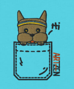 womens v neck t shirt with Bounce Chub embroidery front and pardon my frenchie back print turquoise frontside closeup